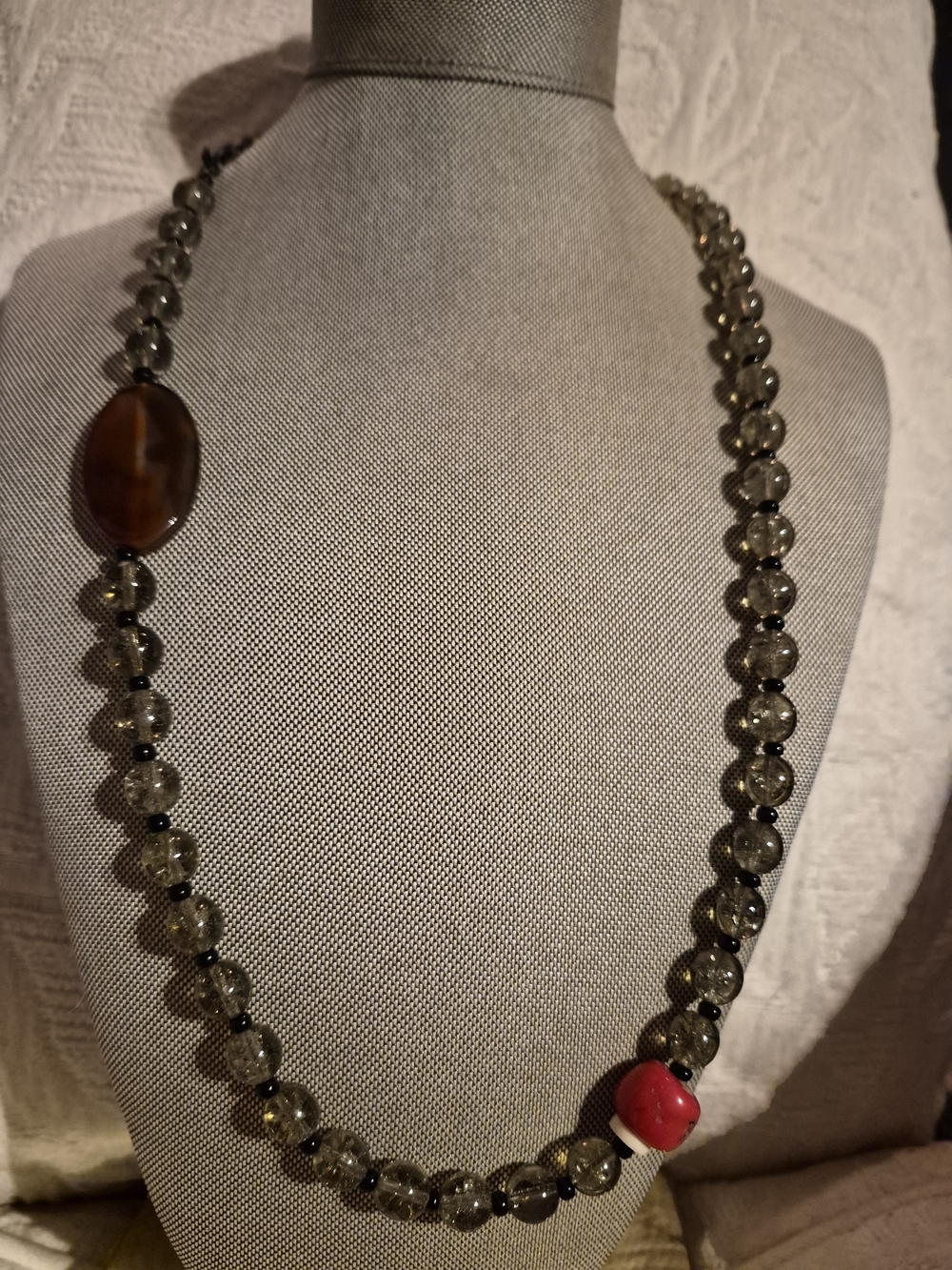 Vintage True Smokey Quartz, Undyed Red Coral And Carnelian 24 Inch Necklace.